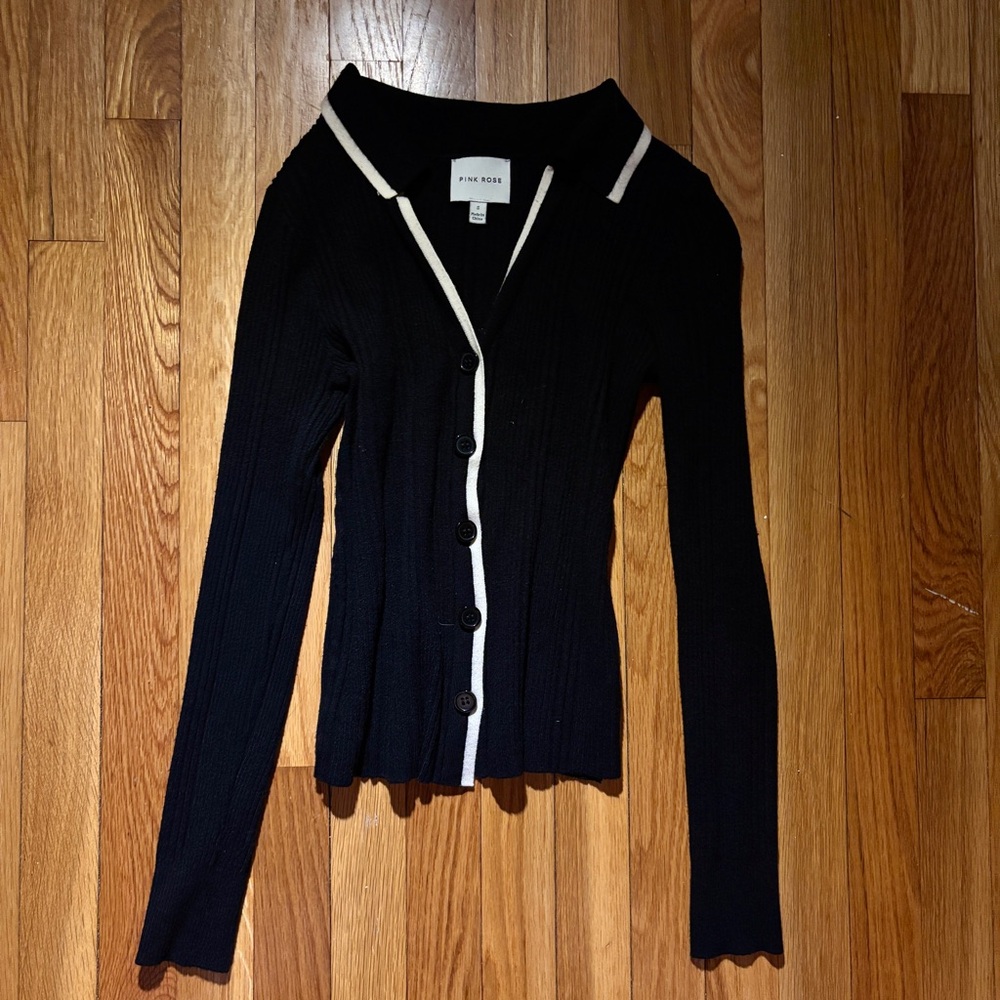 Pink Rose Black Cardigan with Cream Accents